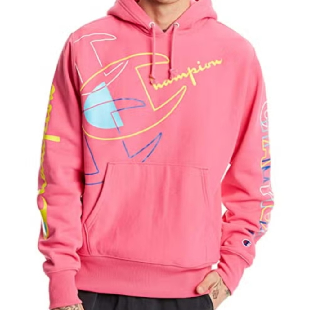Reverse Weave Champion Graphic Hoodie, Pink And Yellow, Men's Size Large‎